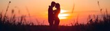 Silhouette of a couple embracing against a colorful sunset, valentine’s day vibes, background image, generative AI