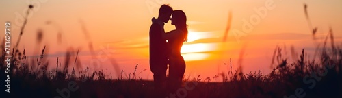 Silhouette of a couple embracing against a colorful sunset, valentine’s day vibes, background image, generative AI photo