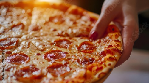 Close-up of a woman's hand holding a delicious pizza, background image, generative AI