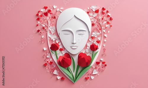 visually appealing representation for Valentine's Day, featuring a face and flowers in a paper-cut style, ensuring high quality and sufficien