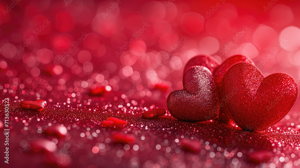 Sparkling red hearts on a glittering red background with soft bokeh lights. Valentine's day romance concept. Sparkling red hearts on a glittering red background with soft bokeh lights. Valentine's day romance concept.