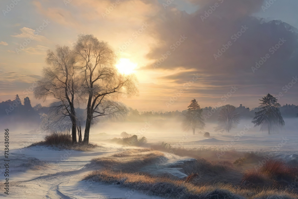 Fototapeta premium Capture the tranquil beauty of a winter morning, where frost-kissed landscapes and soft sunlight create a serene and magical atmosphere.
