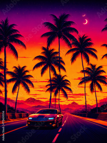 synthwave sunset scenery, a supercar driving down the road on an orange sunset, waves, mountains, palm trees, miami, 80s, warm, colourful, summer vibes, golden times	