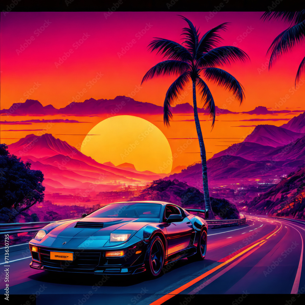 synthwave sunset scenery, a supercar driving down the road on an orange sunset, waves, mountains, palm trees, miami, 80s, warm, colourful, summer vibes, golden times	