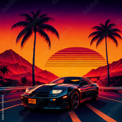 synthwave sunset scenery, a supercar driving down the road on an orange sunset, waves, mountains, palm trees, miami, 80s, warm, colourful, summer vibes, golden times  © aiximagination