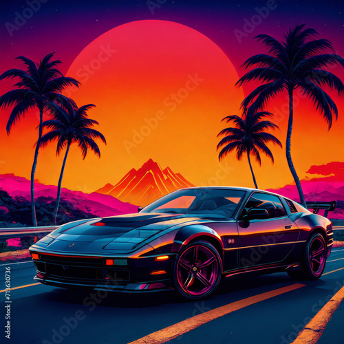 synthwave sunset scenery, a supercar driving down the road on an orange sunset, waves, mountains, palm trees, miami, 80s, warm, colourful, summer vibes, golden times  © aiximagination