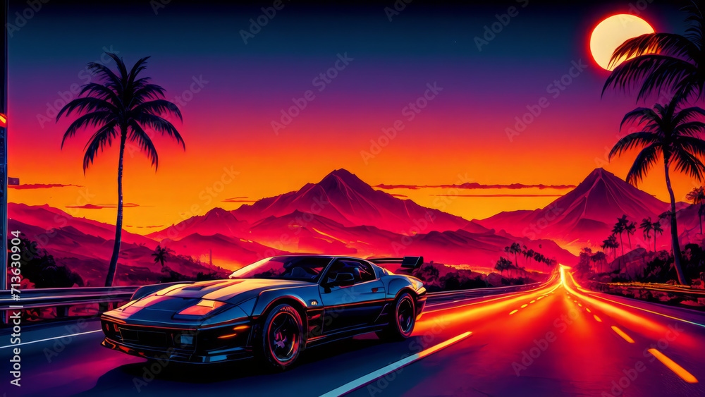 synthwave sunset scenery, a supercar driving down the road on an orange sunset, waves, mountains, palm trees, miami, 80s, warm, colourful, summer vibes, golden times	