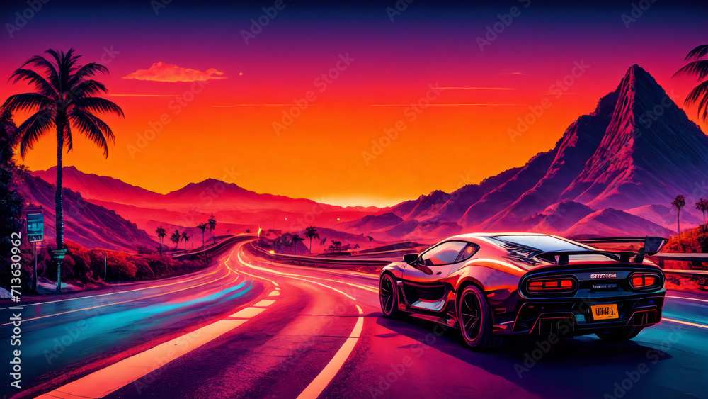 Obraz premium synthwave sunset scenery, a supercar driving down the road on an orange sunset, waves, mountains, palm trees, miami, 80s, warm, colourful, summer vibes, golden times 