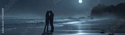 Couple sharing a quiet moment on a moonlit beach  valentine   s day vibes  background image  generative AI