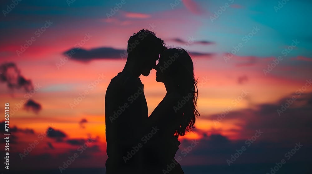 Silhouette of a couple embracing against a colorful sunset, valentine’s day vibes, background image, generative AI