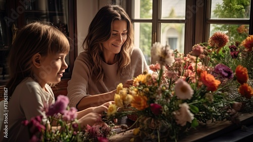 Woman and Little Girl Sitting at Table With Flowers, Mother Day