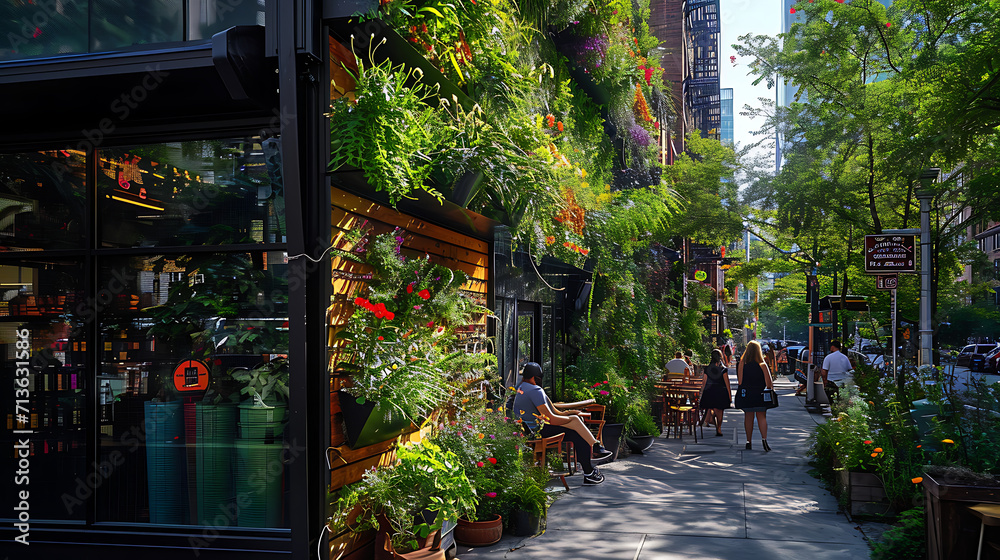 Plantas verdes exuberantes e flores coloridas caem pelos lados de um prédio urbano criando um oásis refrescante no coração da cidade