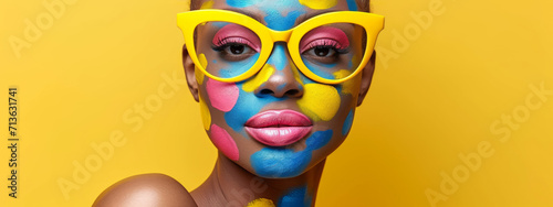 Ethereal Maquillage, A Kaleidoscope of Colors Adorns the Enigmatic Woman With Yellow Glass