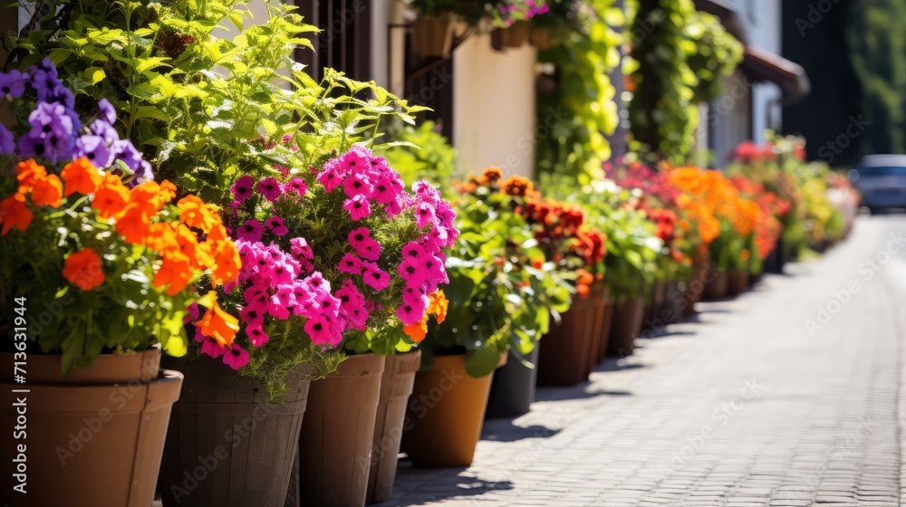 Naklejka premium Row of Flower Pots Placed Along a Roadside, Creating a Colorful Display