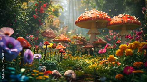 Whimsical garden filled with oversized flowers, talking mushrooms, and quirky insects, creating a playful and imaginative outdoor scene, whimsical, garden fantasy, hd, with copy sp