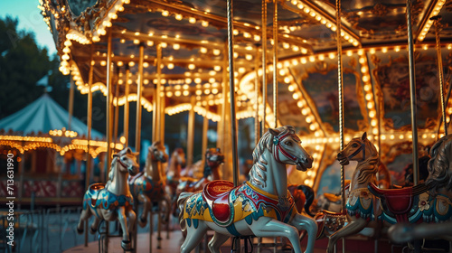 Whimsical carousel with intricately designed animals and glowing lights, capturing the nostalgic charm of a fairytale carnival, whimsical, carousel, hd, with copy space