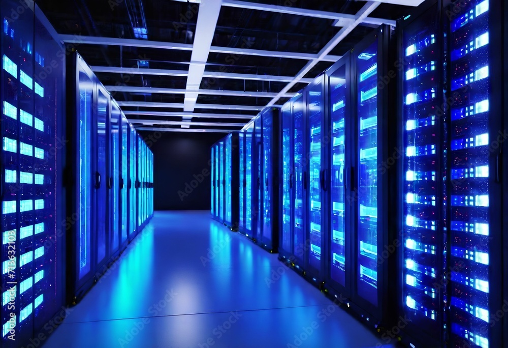 Modern Data Technology Center Server Racks in Dark Room. Generative AI.
Modern Data Technology Center Server Racks in Dark Room. Generative AI.