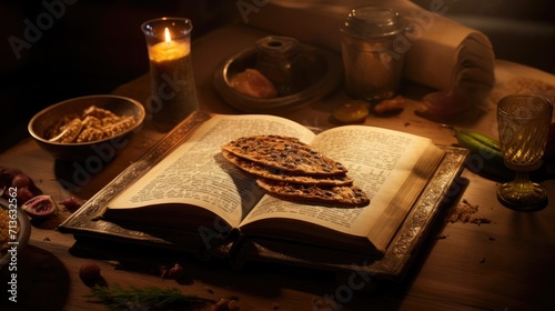 Table With Open Book and Plate of Food, Homey Scene of Reading and Dining, Passover