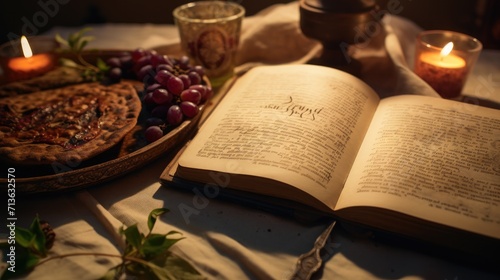 Table With Open Book and Plate of Food, Homey Scene of Reading and Dining, Passover