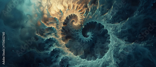 A mesmerizing fusion of earth and sky, captured in a stunning screenshot of a spiraling blue and brown fractal in nature photo