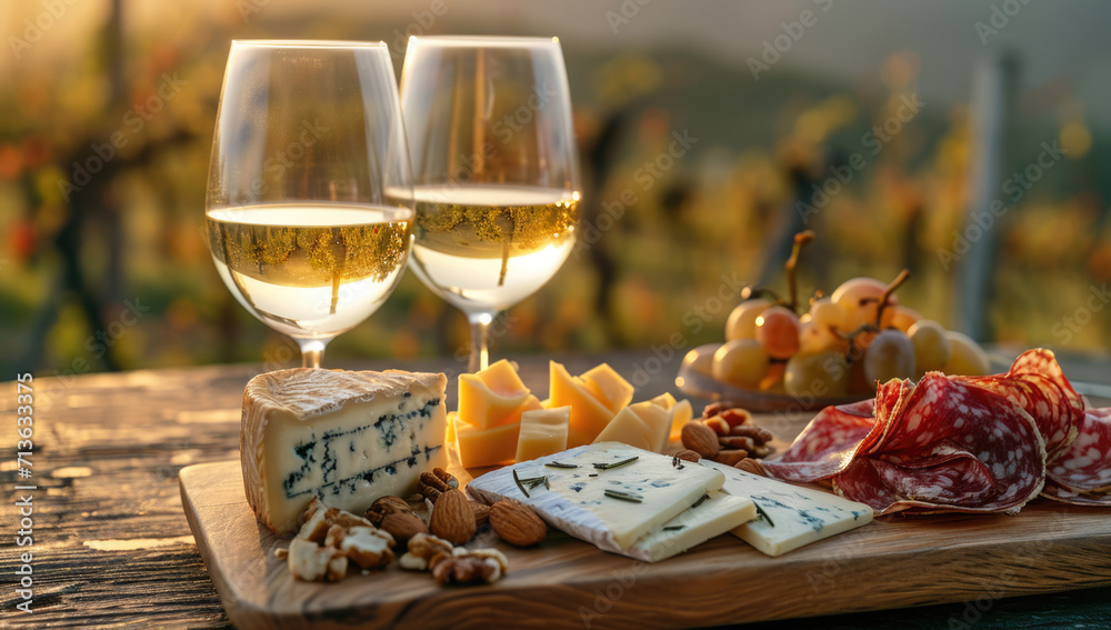 cheese and wine pairing, outdoor terrace overlooking vineyards, elegant morning indulgence and elegance, soft diffuse light