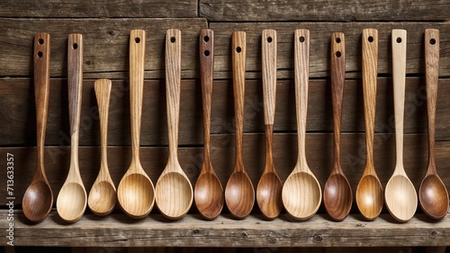 A collection of wooden spoons of various sizes and shapes are lined up on a wooden shelf.