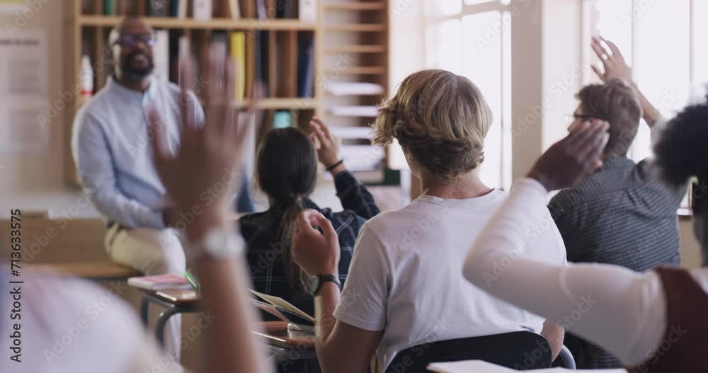 High school kids, classroom and raised hand with teacher man, questions and assessment with pop quiz. People, students and discussion for education, knowledge and back for talking in class at academy