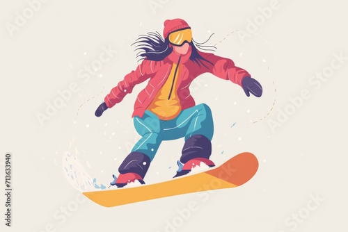 snowboarder jumping on the slope, flat illustration in colours yellow, pink and blue.
