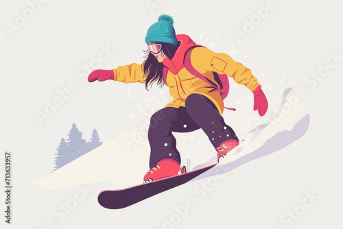 snowboarder jumping on the slope, flat illustration in colours yellow, pink and blue.