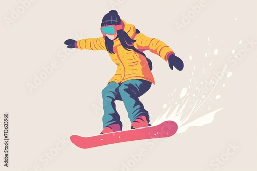 snowboarder jumping on the slope, flat illustration in colours yellow, pink and blue.