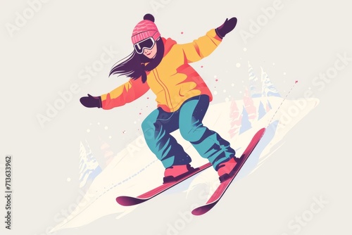 Woman skiing on the slope, flat minimalistic illustration in colours yellow, pink and blue. 