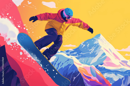 snowboarding ad poster, in the style of animated illustrations, y2k aesthetic, azure and amber, traditional poses, outdoor scenes