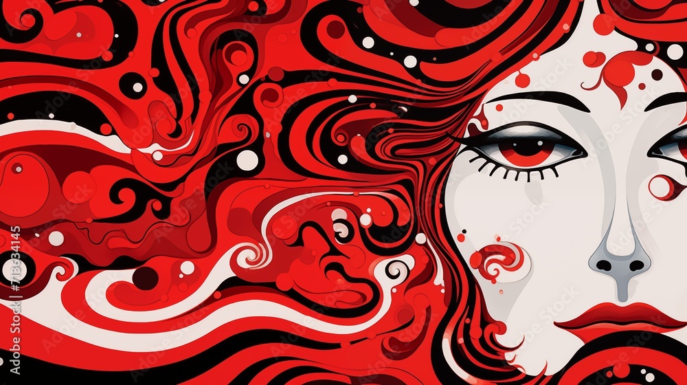Abstract background lineart with beautiful woman face in red and black colors. Vector illustration. Ai generative