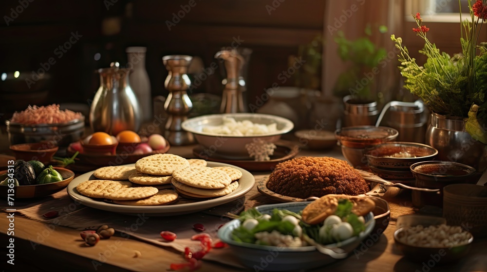 Abundant Spread of Varied Food Items on Wooden Table, Passover