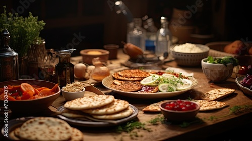 Abundant Spread of Varied Food Items on Wooden Table, Passover