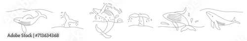 Set with whales, doodle style flat vector outline for coloring book