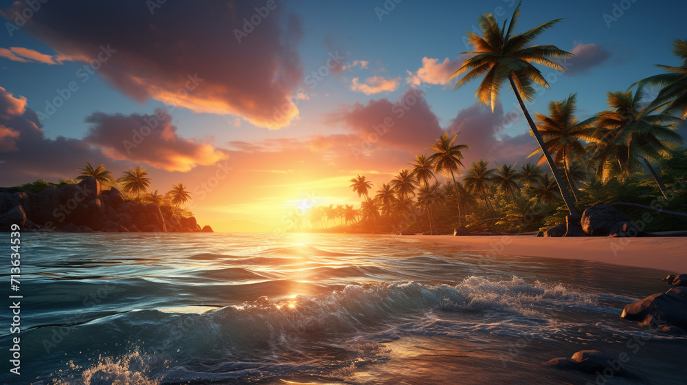 Tropical beach landscape of a beautiful sunset view with palm tree ai generated image