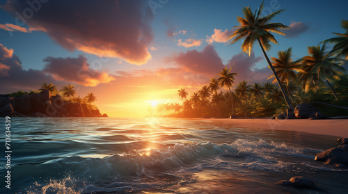 Tropical beach landscape of a beautiful sunset view with palm tree ai generated image