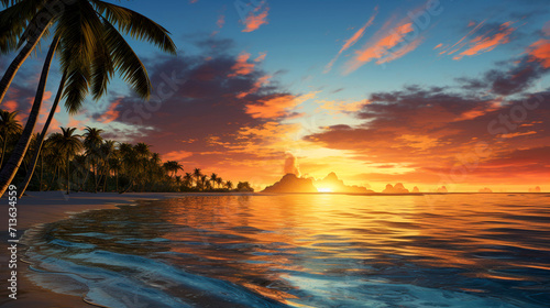 Tropical ocean beach sunset picture with palm trees and ocean waves ai generated