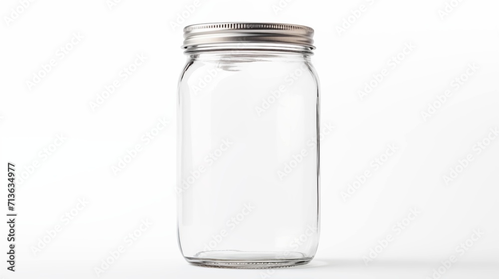 A transparent glass jar with a metallic lid, suitable for storing various items. A transparent glass jar with a metallic lid, suitable for storing various items.