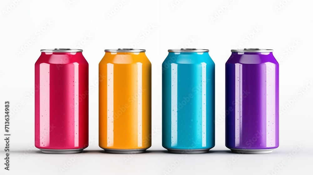 Four cans of soda placed on a white background. Four cans of soda placed on a white background.