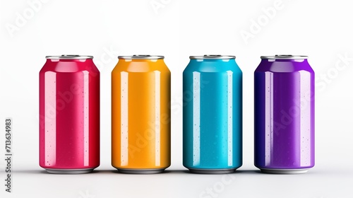 Four cans of soda placed on a white background.