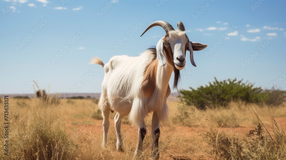 Fototapeta premium Goat Standing in Middle of Dry Grass Field