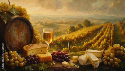 cheese and wine pairing, outdoor terrace overlooking vineyards, elegant morning indulgence and elegance, soft diffuse light © Serega