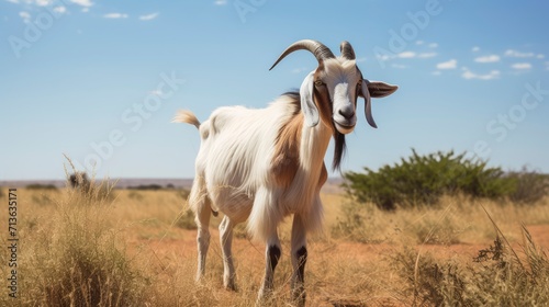 Goat Standing in Middle of Dry Grass Field © Andrii