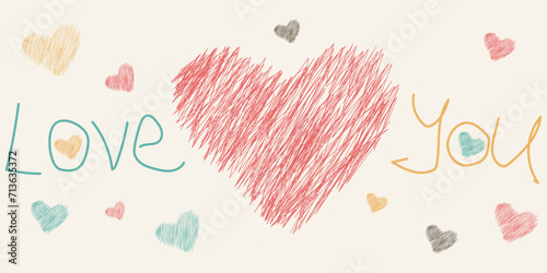 Colorful retro design card with the inscription Love You. Red heart with small multi-colored hearts. Pencil hand drawn vector illustration isolated on retro paper for Valentines Day. Editable stroke