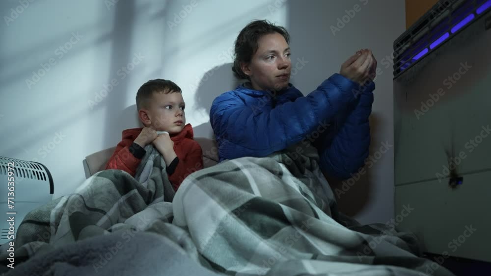 Mother and son, covered in blanket, sit on the floor between two heaters. Heating winter season Mother and son, covered in blanket, sit on the floor between two heaters. Heating winter season