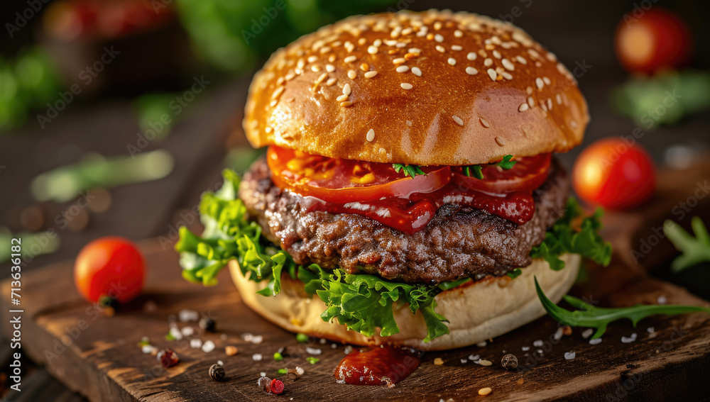 Food photography, classic cheeseburger, juicy beef patty with melting cheese, lettuce and tomato, with a dust explosion of sesame seeds, set on a marble stone Food photography, classic cheeseburger, juicy beef patty with melting cheese, lettuce and tomato, with a dust explosion of sesame seeds, set on a marble stone