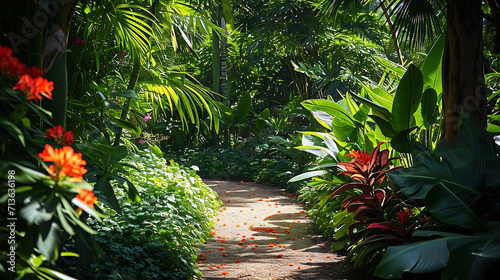 Folhagem verde exuberante e flores perfumadas vibrantes criam um oásis exuberante em um jardim tropical