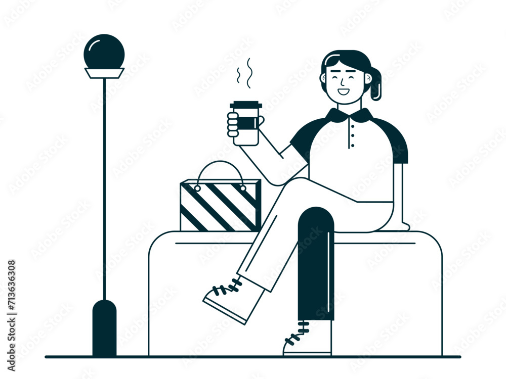 Young girl enjoying coffee. Coffee time vector illuatrations.